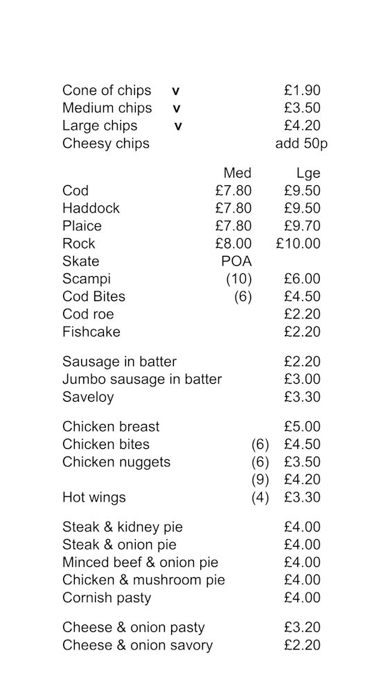 Bacton Fish Shop Price List 2